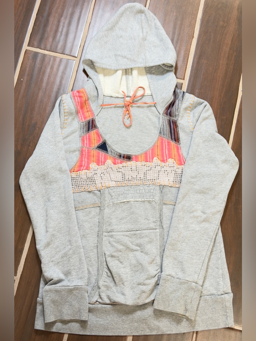 Free People Gray Pullover Hoodie with Pink & Orange Patchwork - Picture 2 of 9